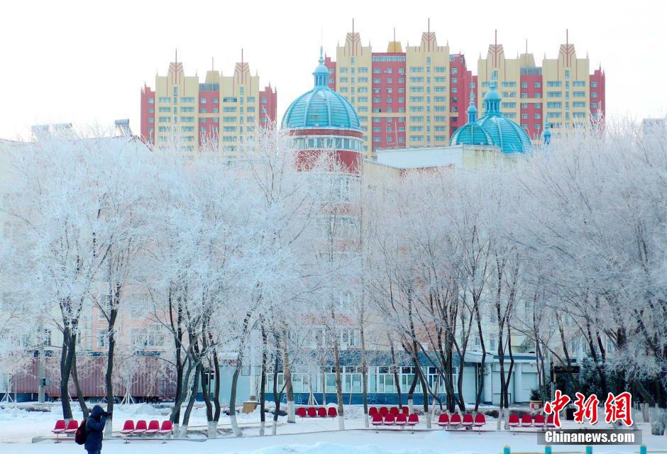 12月10日,受降溫天氣影響,黑河市黑龍江江畔出現(xiàn)綿延數(shù)公里的霧凇景觀。