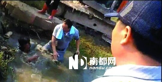 男子沒(méi)入水塘后試圖反抗，遭戴黑帽男子毆打。視頻截圖