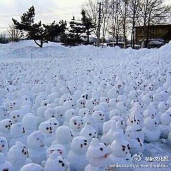 網(wǎng)傳“煙臺男子大學(xué)生堆1314個雪人表白”。微博圖