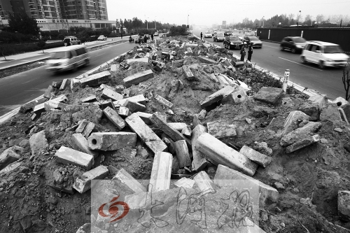 中州大道部分路段，綠化帶成了垃圾場(chǎng)。