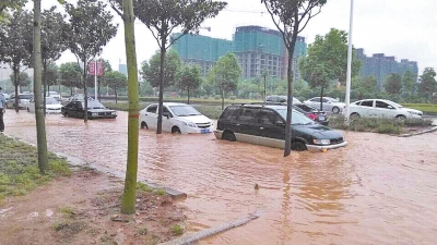 昨日，信陽(yáng)突降暴雨，路面積水已淹沒(méi)輪胎。首席記者 何正權(quán) 通訊員 楊小燕 攝影