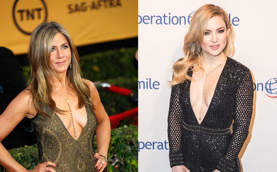 Jennifer Aniston & Kate Hudson出席重要場(chǎng)合也穿低胸裝。（圖片來源：臺(tái)灣東森新聞云）