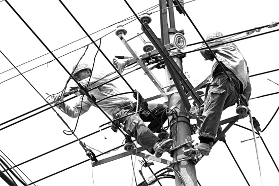 昨日中午，安陽(yáng)市供電公司配電運(yùn)維專(zhuān)業(yè)團(tuán)隊(duì)的工作人員在維修線路