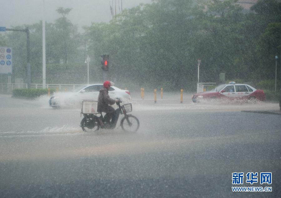 5月11日，車輛在深圳西麗留仙大道涉水前行。