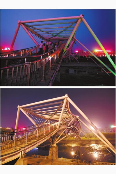 花園路西側(cè)東風(fēng)渠景觀橋，上圖攝于7月31日晚間，下圖攝于10月9日晚間。