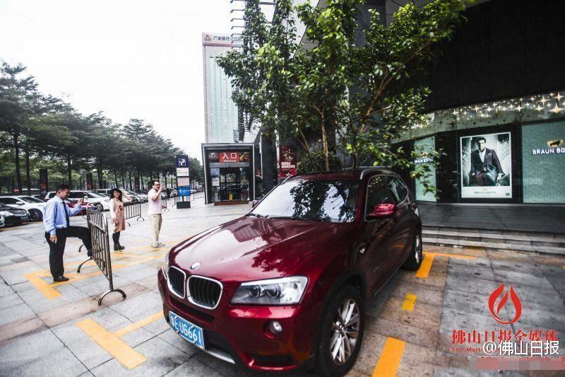 一輛停在停車位上的寶馬轎車，被墜落的樹枝砸中，樹枝徑直插入車內，現場引發(fā)不少市民圍觀拍照。