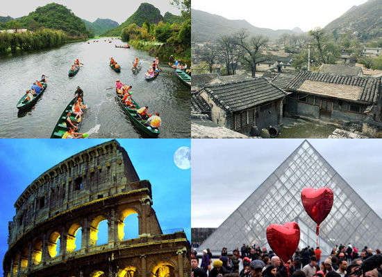 被電視真人秀帶火的旅游景點(diǎn)。左上:云南普者黑;右上:北京靈水村;左下:意大利羅馬;右下:法國(guó)巴黎。